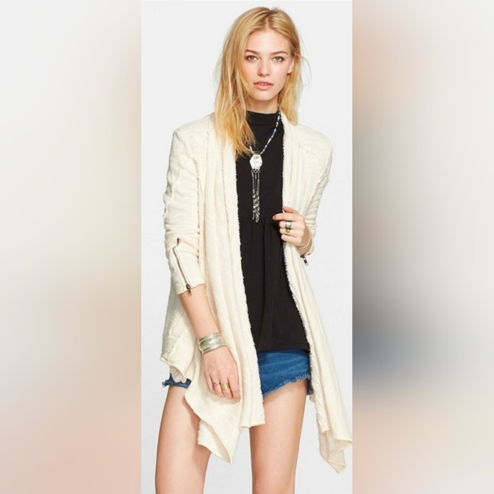 Free People Ivory Cream In The Loop Open Front Zip Cuff Cardigan XS EUC